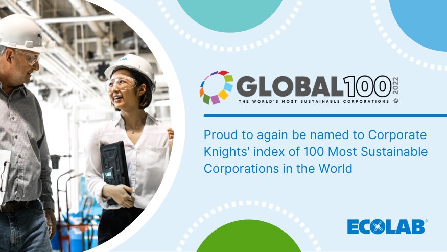 Ecolab associates in a powerplant and Corporate Knights' Global Index 2022 logo for 100 Most Sustainable Corporations in the World