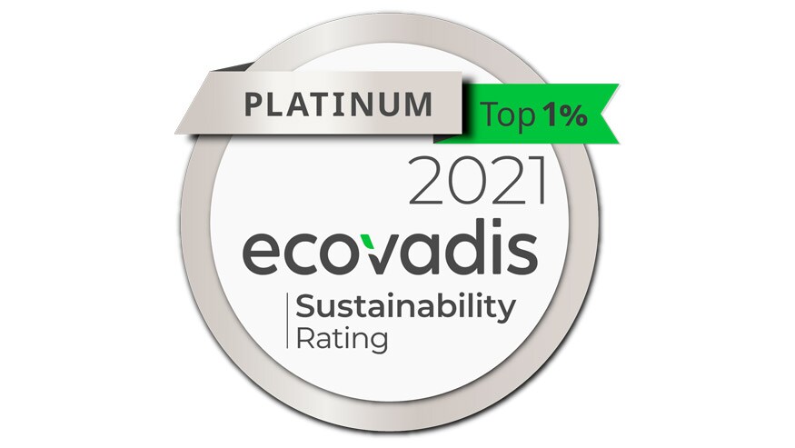 Award encased in a circle with a ribbon and text that reads "Platinum Top 1 Percent 2021 EcoVadis Sustainability Rating"