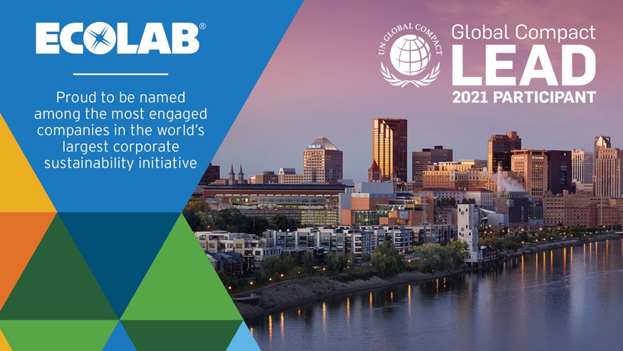 Image with skyline of downtown St. Paul, Minn., geometric shapes and text on that reads, "Proud to be named among the most engaged companies in the world's largest corporate sustainability initiative." The award logo is also visible, reading UN Global Compact Lead 2021 Participant.