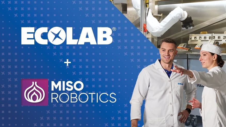 Ecolab and Miso Robotics Logos. Two Ecolab associates pointing towards a Miso Robotics Flippy 2 robot in a kitchen
