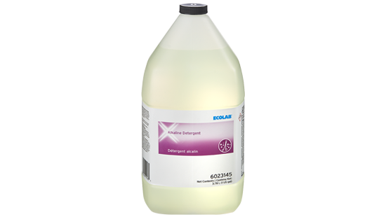 Large jug of Ecolab alkaline detergent liquid refill for dispensers and machines to clean surgical instruments.