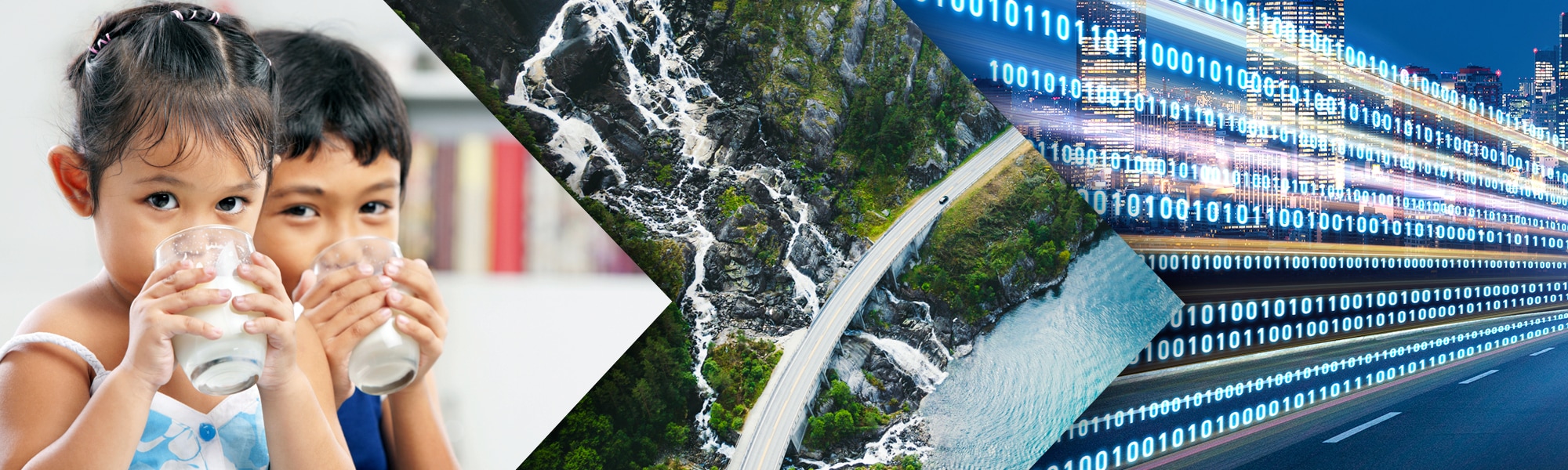 Three images: young children drinking milk, river and a road from above, and digital zeros and ones.