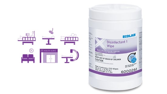 Ecolab Disinfectant 1 Wipe medical disinfectant wipes with hospital cleaning wipe usage icons.
