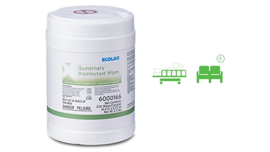 Ecolab Quaternary Disinfectant Wipes and usage icons