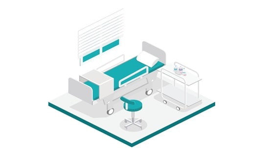 Ecolab patient room program diagram with patient bed and medicine trolly at its side.