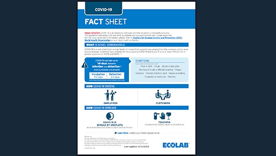 Ecolab COVID-19 readiness kit fact sheet with illustrations showing the spread of infection.