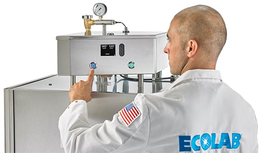 Ecolab ELT Dishmachine Field Associate Pushing Button
