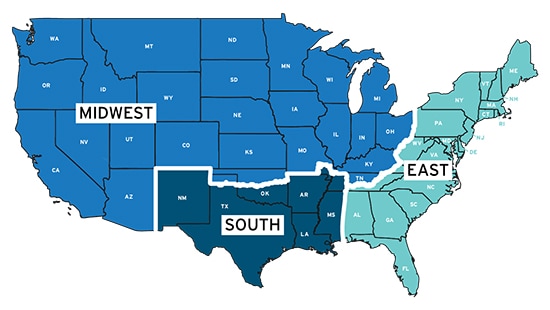 Map of the U.S. showing services offered by Ecolab Pest Elimination