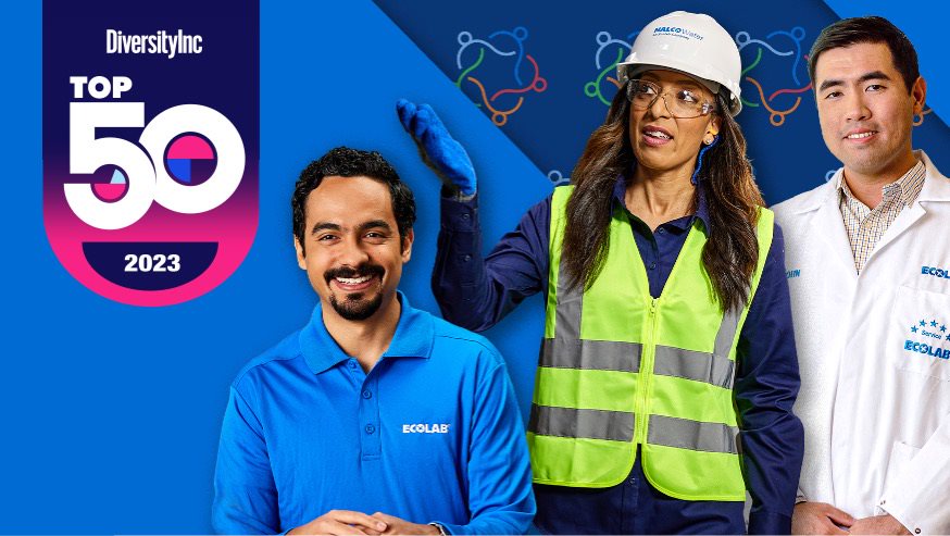 The Top 50 Company for Diversity logo by Diversity Inc, a leading diversity publication, and three diverse Ecolab employees smiling.
