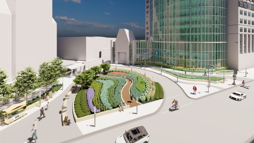 Artist’s rendering of the reimagined community space in Downtown Saint Paul proposed by Ecolab and the City of Saint Paul. Image courtesy of Ecolab.