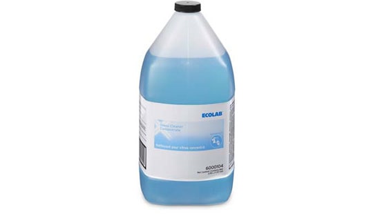 Full 1 gallon size plastic bottle of Ecolab glass cleaner concentrate.