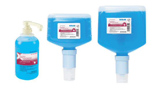 Three pack sizes of the Equi-Stat antimicrobial hand soap.