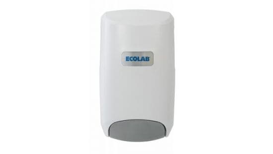 Ecolab wall mounted soap dispenser with a push pump and rotating door for easy refills.