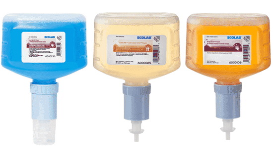 Three antimicrobial soap dispenser refills with different formulas made for employee hand hygiene.