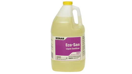 Large refilling bottle of Ecolab Eco San liquid sanitizer specially formulated for food contacting surfaces