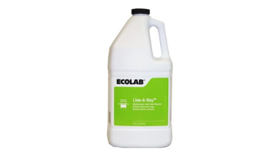 Large bottle of Ecolab lime a way liquid delimer and sanitizer for food contacting surfaces.