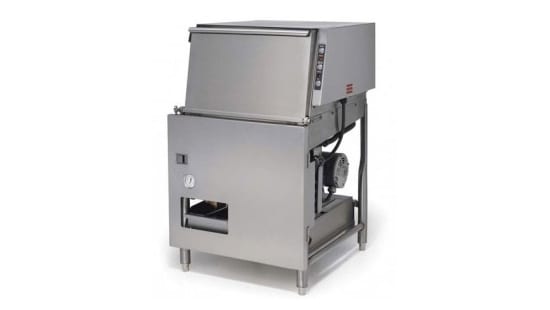 Stainless steel bar glass washer and dishmachine with mechanical washing action and height adjustment for tight spaces.