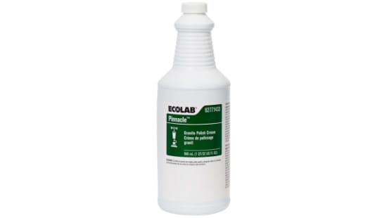 Single point and spray bottle of pinnacle granite polish cream for granite surfaces made by Ecolab.