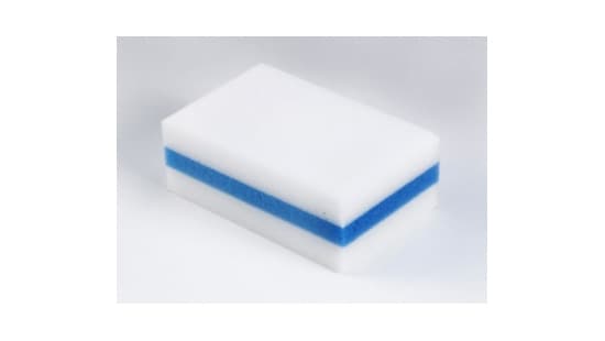Industrial grade double sided magic eraser tool with three layers of abrasive sponge.
