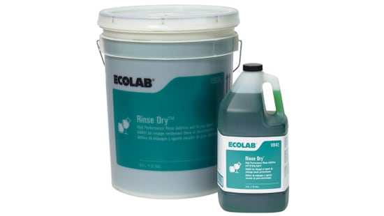 Large industrial tub with a refill sized bottle of Ecolab Rinse Dry Rinse additive for soft water and normal conditions