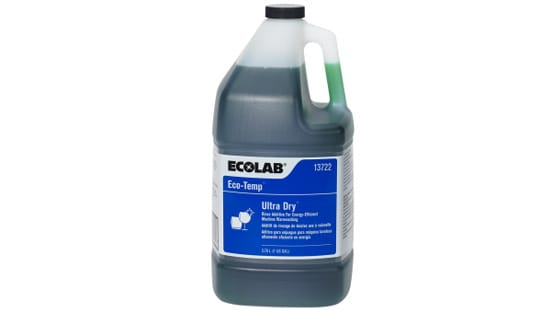 Single large filing bottle of Ecolab Ultra Dry surfactant with quick drying formula for spotless glassware