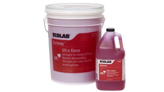 Industrial sized tub and refilling bottle of Ecolab Ultra Klene high-alkaline detergent for energy efficient machines