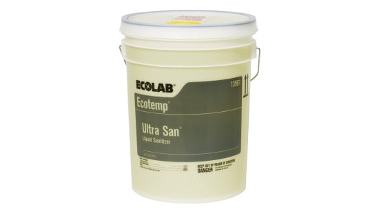 Large tub of Ecolab Ultra San liquid sanitizer with a stable formula to ensure long shelf life