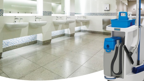 Commercial Restroom with Ecolab Cleaning Caddy overlaid.