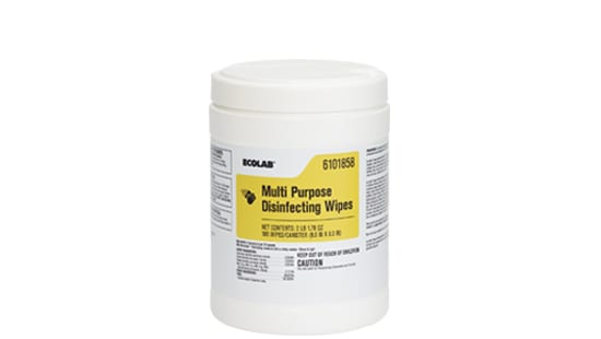 Closed container of multi purpose disinfecting wipes by Ecolab for hard surfaces and high touch areas.