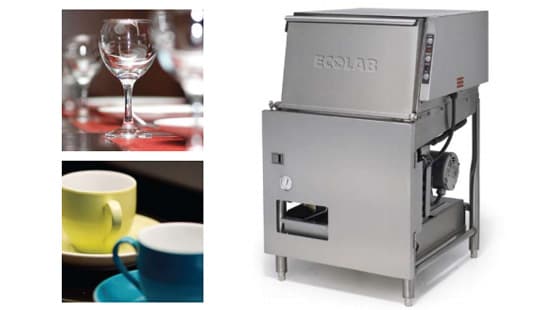 Ecolab bar glass washer and dishmachine for tight spaces next to a display of coffee mugs and wine glasses.