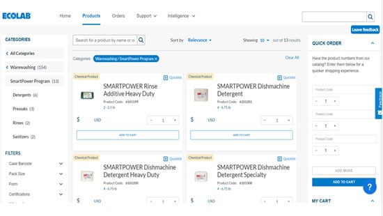 ecolab connect user interface screenshot showing catalog page