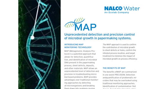 NALCO water article of MAP monitoring unprecedented detection and precision control of microbial growth in systems.