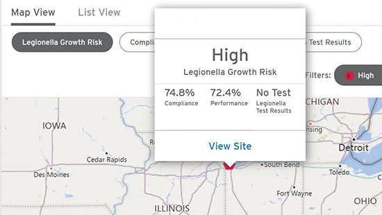 Screenshot of Water Safety Intelligence digital platform indicating a high risk for growth of Legionella in the area. 