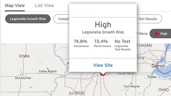 Screenshot of Water Safety Intelligence digital platform indicating a high risk for growth of Legionella in the area.