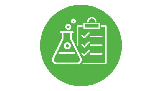 Line drawn icon of Erlenmeyer flask boiling with fluid and bubbles flowing outward next to a filled checklist on a clipboard.