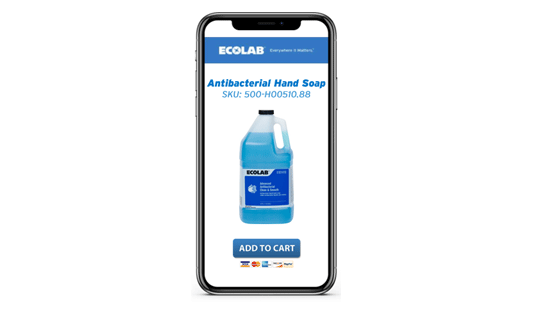 Cell phone with Ecolab's website on screen, showing product.