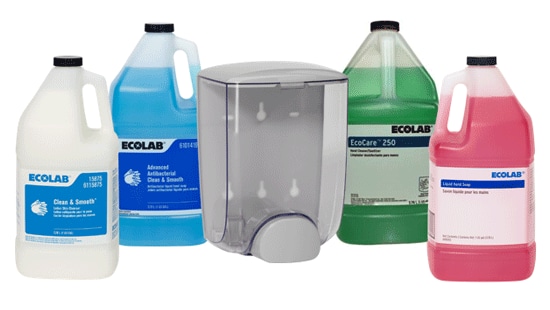  Ecolab branded hand soap, sanitizer, and dispensers. 