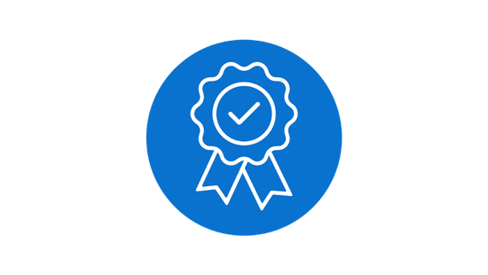 Award ribbon icon with a checkmark symbol.