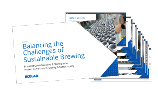 Cover graphic for Ecolab eBook titled “Balancing the Challenges of Sustainable Brewing,” featuring stacked beverage cans and industrial brewing imagery.