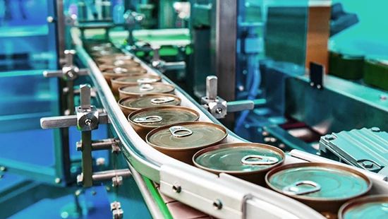 Cans of pet food on conveyor belt during processing.