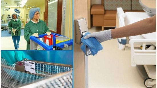 CDC Guidelines images of healthcare providers in scrubs cleaning various elements of an operating room.