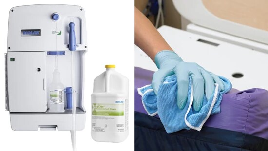 Wall-mounted OxyCide disinfectant dispensing unit with attached bottle, alongside a gloved hand using a cloth to clean a hard surface.