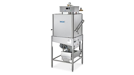 Tall stainless-steel Ecolab EHT dishmachine with a press lever for the restaurant industry .