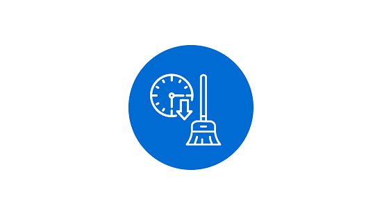 Icon of a clock and broom inside a blue circle, representing scheduled cleaning time.