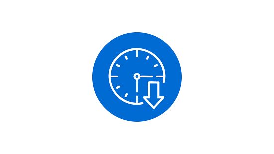 Blue icon with a clock and downward arrow, symbolizing reduced warewashing time.