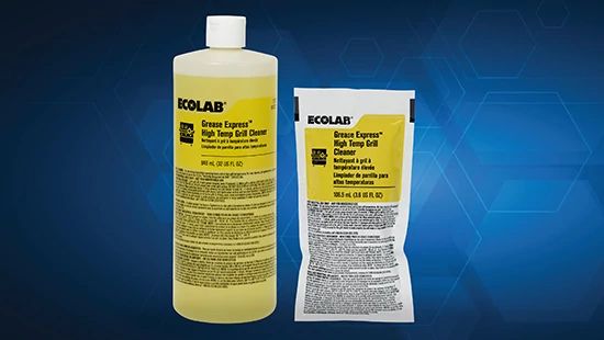 Ecolab Grease Express high‑temp grill cleaner shown in a yellow bottle and refill pouch on a blue background.