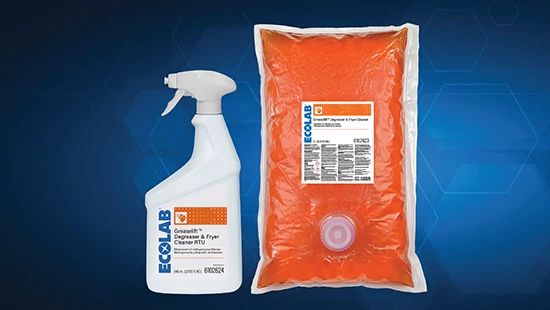 Ecolab Grease Express high‑temp grill cleaner shown in a yellow bottle and refill pouch on a blue background.