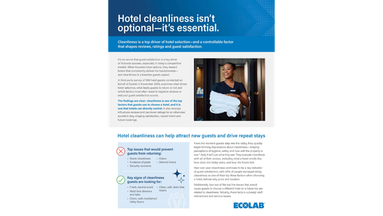 Infographic explaining that hotel cleanliness is essential for guest satisfaction, featuring survey insights and a housekeeping image.