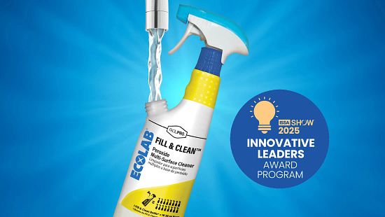 Ecolab Fill & Clean peroxide multi-surface cleaner spray bottle being filled with water from a faucet against a blue background.