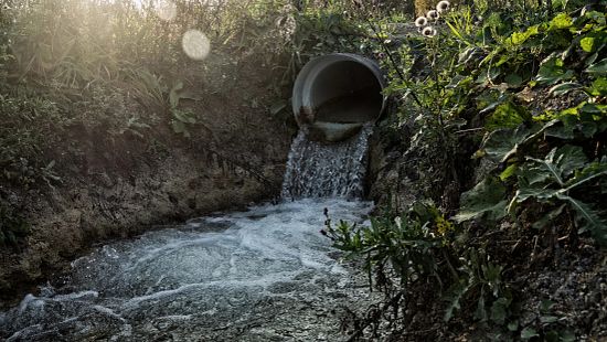 water flowing out of a pipe in grassy area